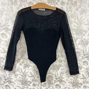 Vintage Sweetheart Neckline Cut Mesh Black Bodysuit Top Risou Long Sleeve Sz M